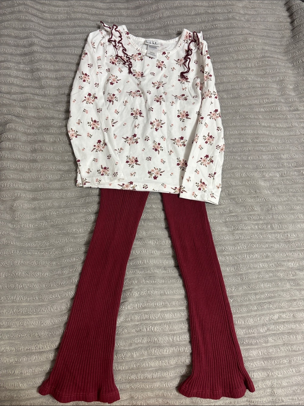 White Floral Top with Maroon Ribbed Flare Leggings